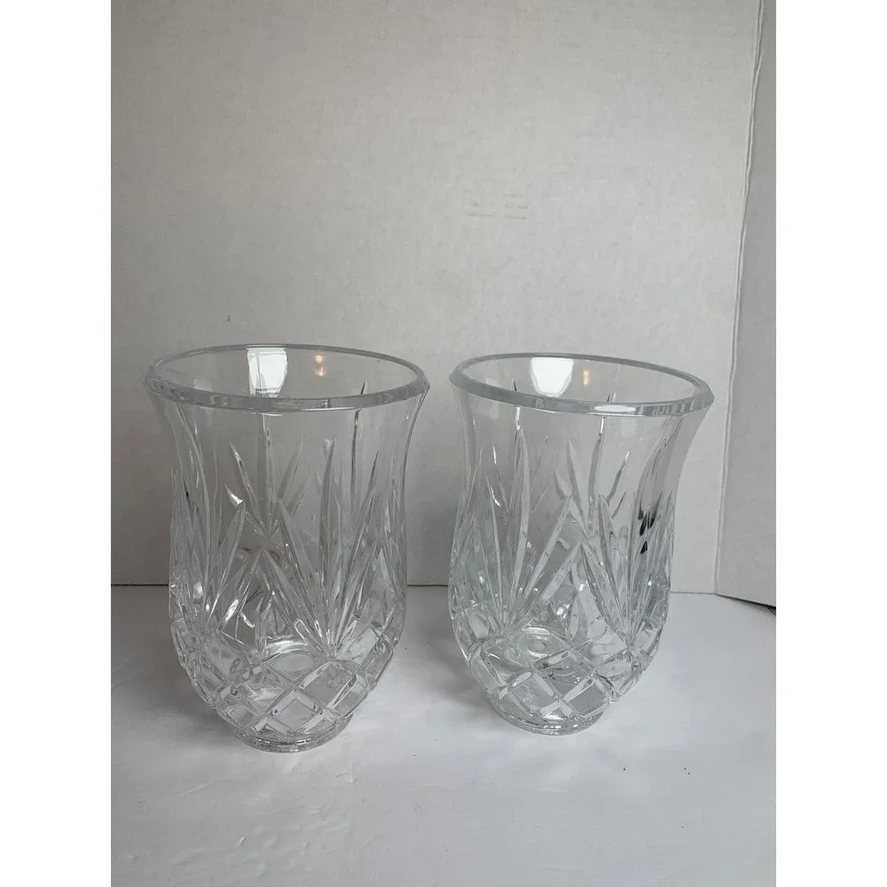Vintage Clear‎ Cut Glass Hurricane Candle Shades Diamond Leaf Pattern Set of 2